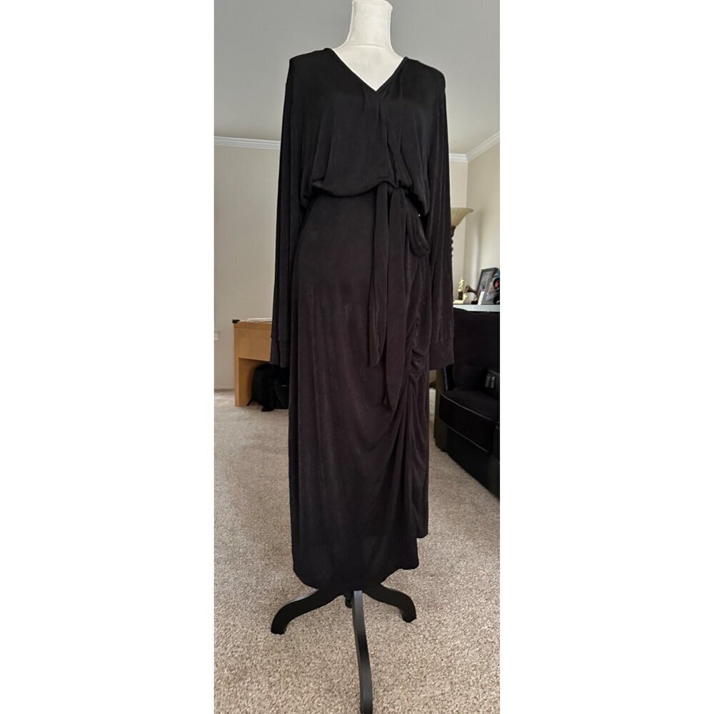Ashley Sport Black Stretchy Belted Waist Long Sleeve Evening Dress V Neck Ruched - Picture 10 of 12
